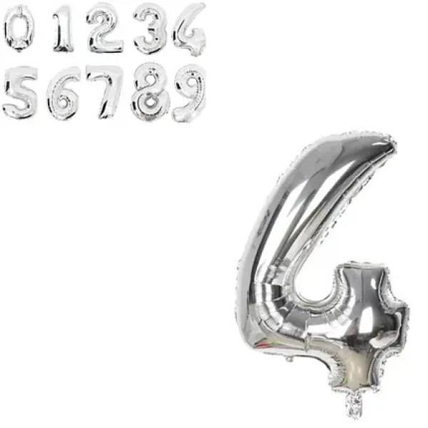 Фольгована  кулька срібло цифра 4 арт.23231-2-6 роз.М-32см 55274 фото 1